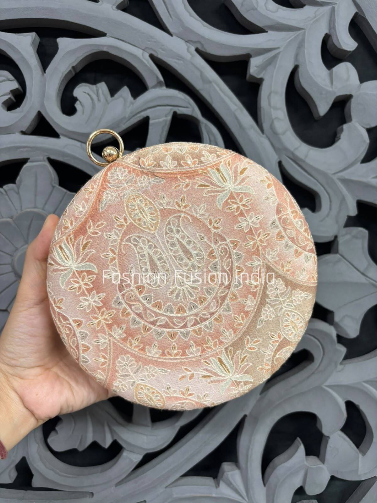Peach  Floral Embroidered Round Clutch