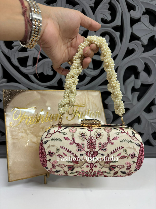 Pink Floral Embroidered Clutch Bag with Pearl Handle