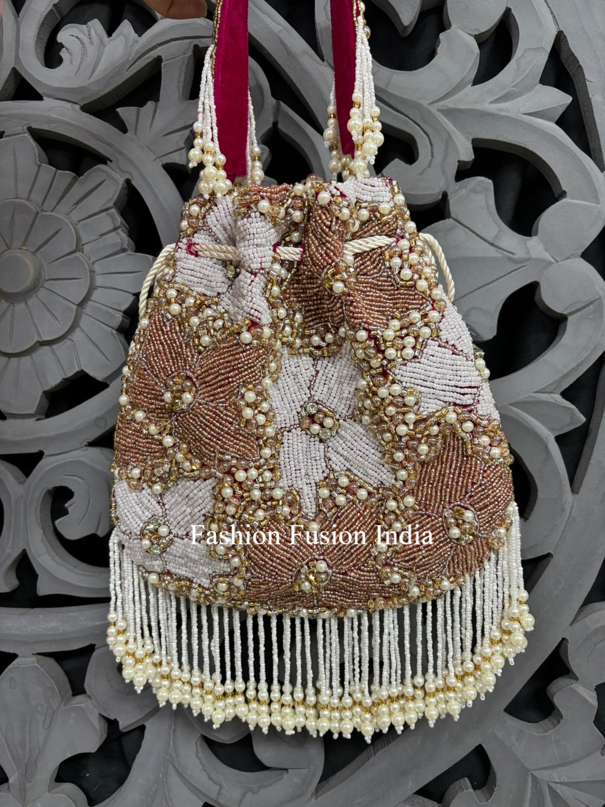 Pink Floral Beaded Pearl Crystal Potli Bag