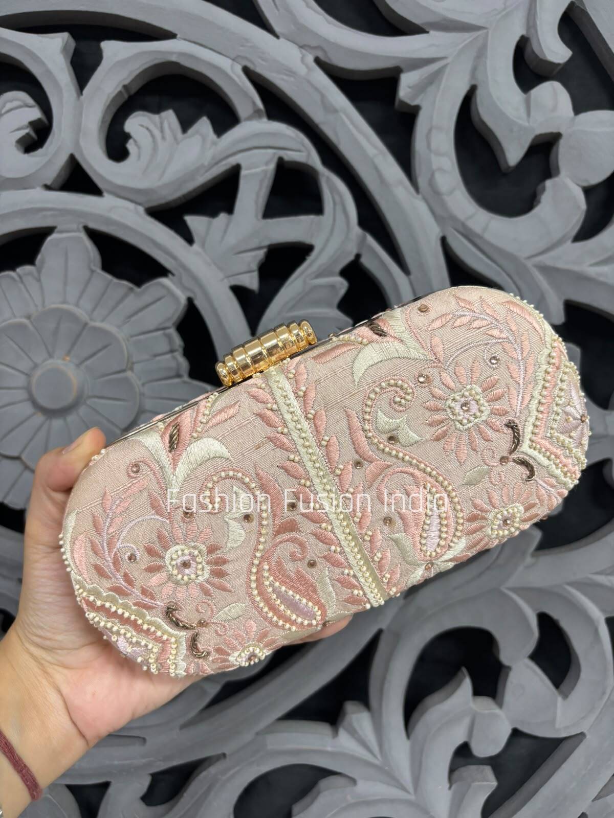 Pink Hand Embroidered Oval Clutch Bag 