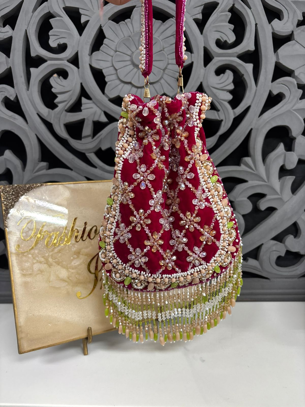 Pink Crystal Embroidered Bridal Potli Bag | Fashion Fusion India
