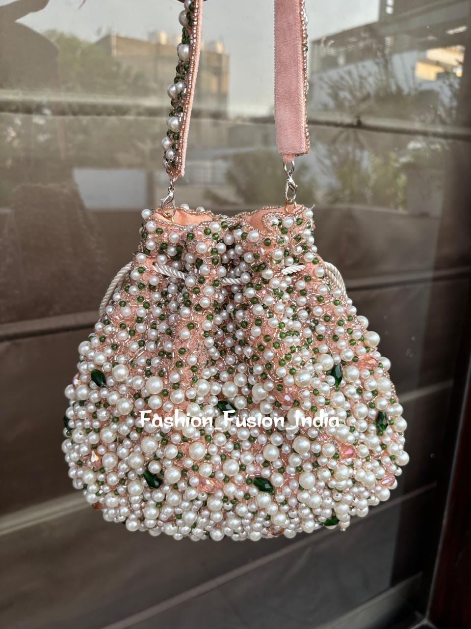 White Pearl and Green Beaded Potli Bag – Handmade Bridal & Festive Party Clutch | Fashion Fusion India