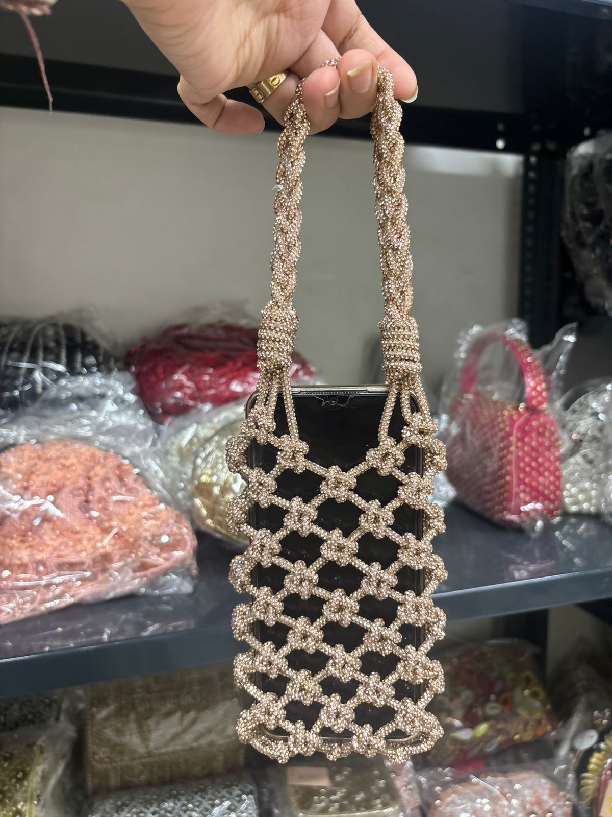 Rose Gold Rhinestone Mobile Sling Bag | Fashion Fusion India