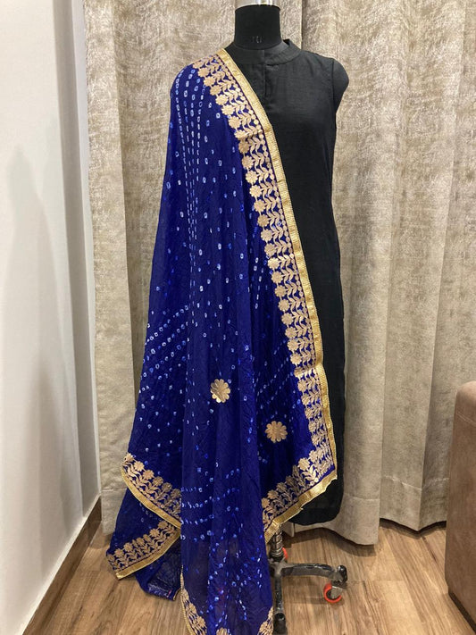 Blue embroidered saree with gold border on a mannequin against a neutral curtain background