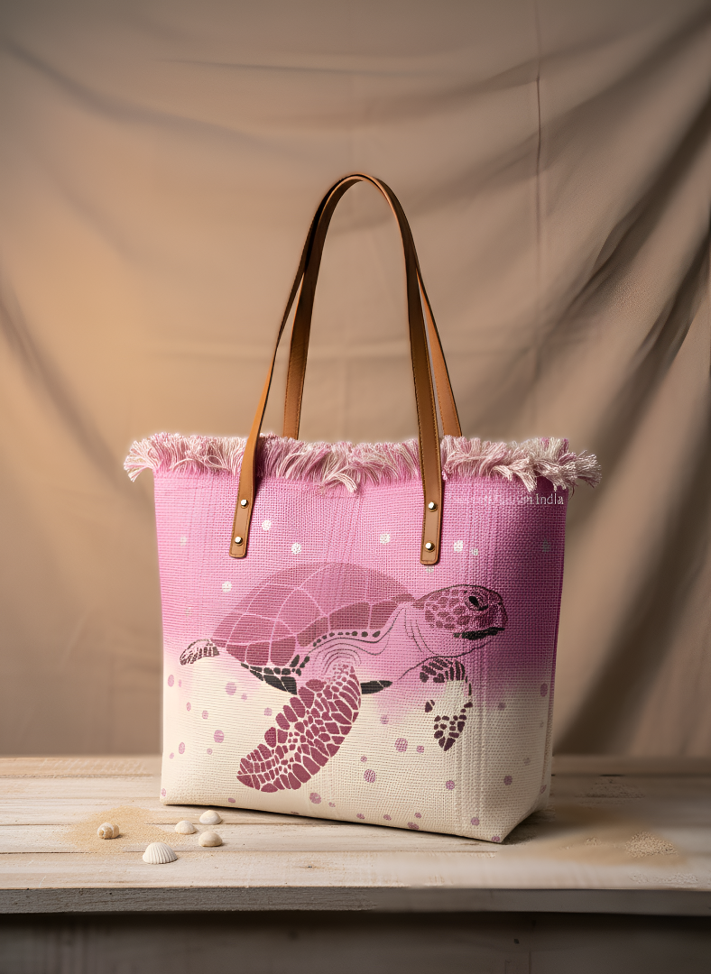 Tote bag with turtle design on a wooden surface and beige background