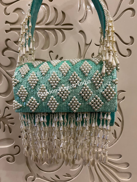 Sequin Pearl Flap Clutch Bag – Handmade Designer Bridal & Party Purse by Fashion Fusion India