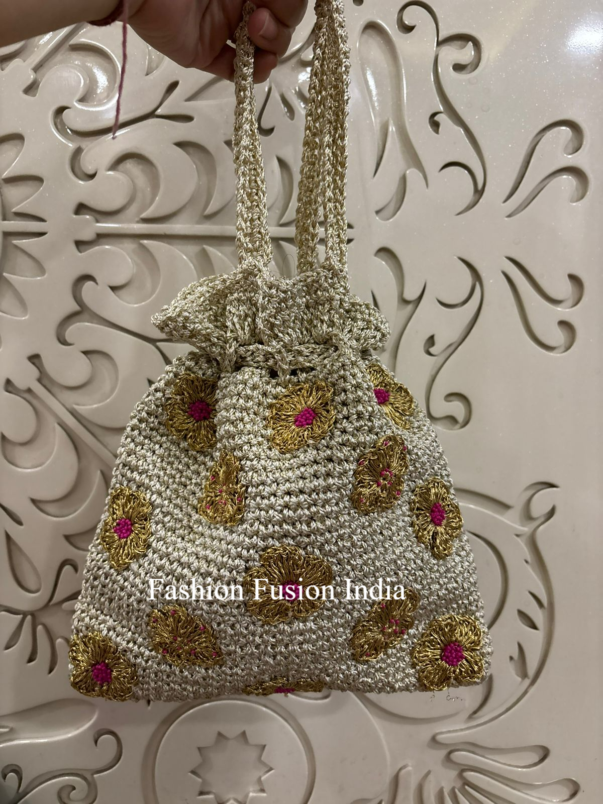 Silver Hand Crochet Floral Potli Bag | Fashion Fusion India