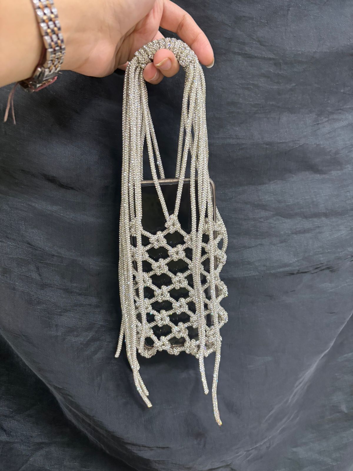 Silver Rhinestone Mobile Sling Bag for Women