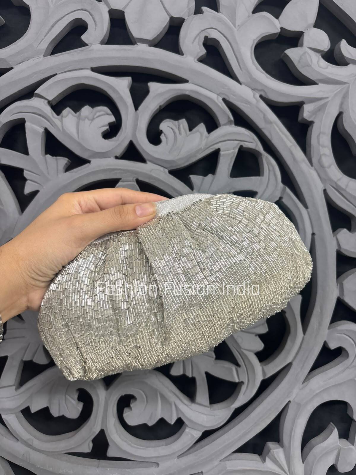 Silver Beaded Clutch Bag for Women