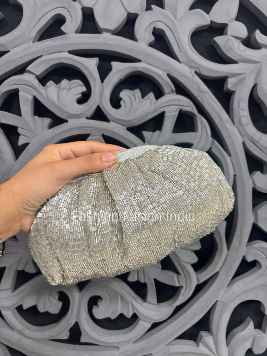 Silver Beaded Clutch Bag for Women