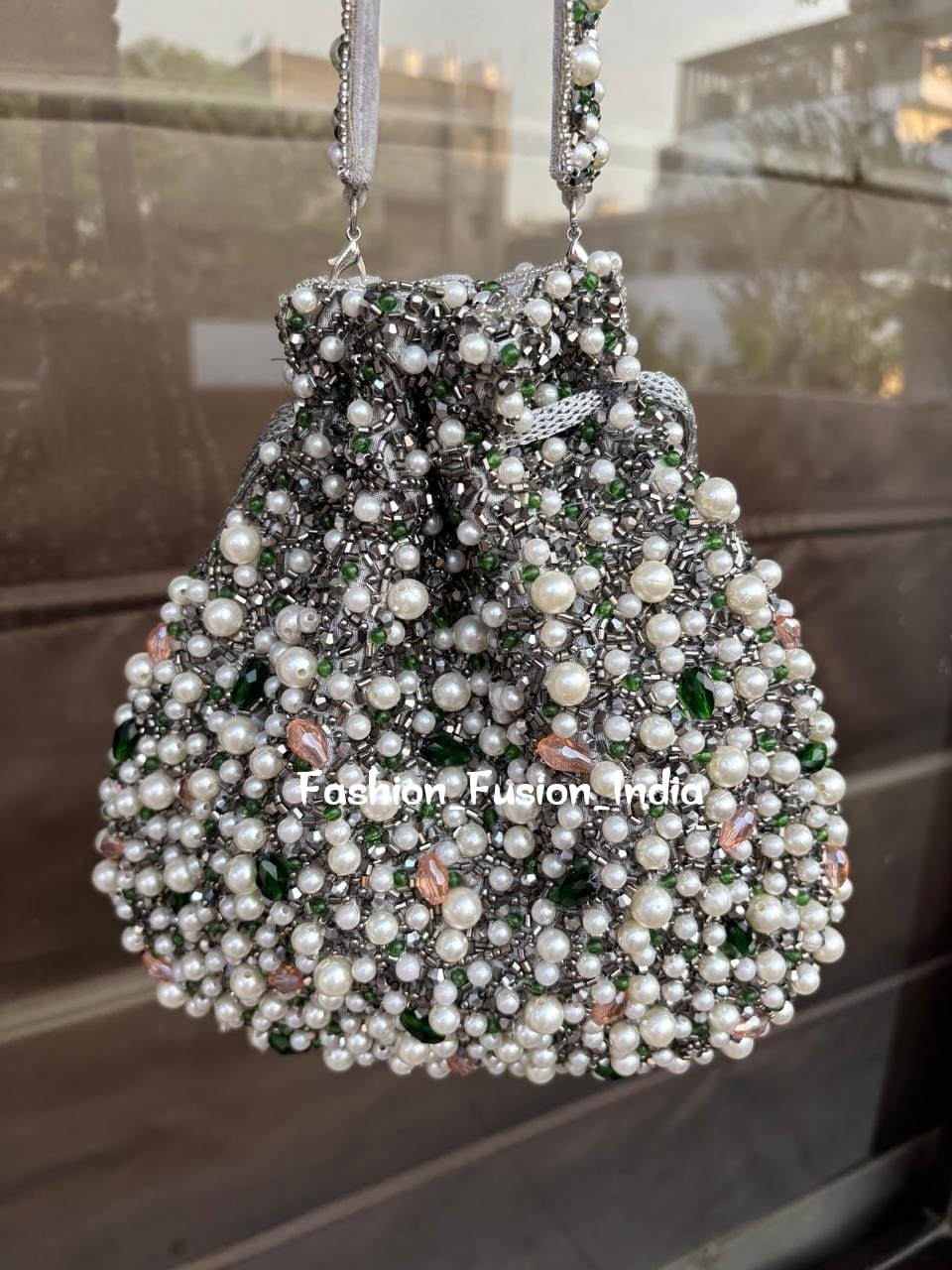 White Pearl and Green Beaded Potli Bag – Handmade Bridal & Festive Party Clutch | Fashion Fusion India