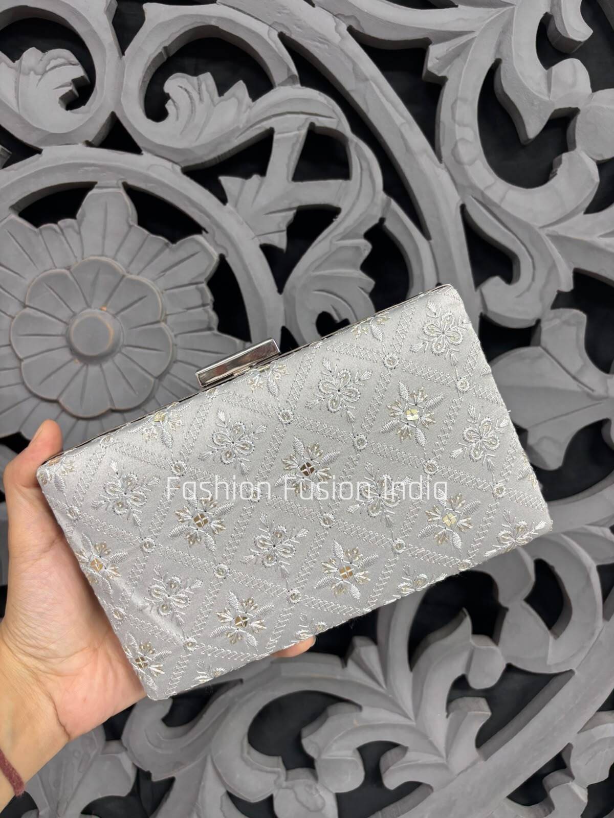 Silver Embroidered Work Clutch Bag