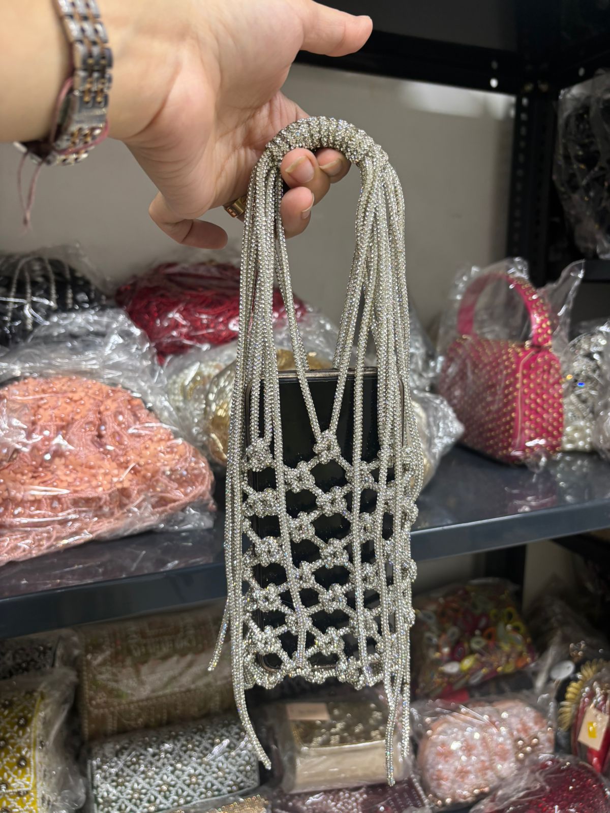 Silver Rhinestone Mobile Sling Bag for Women