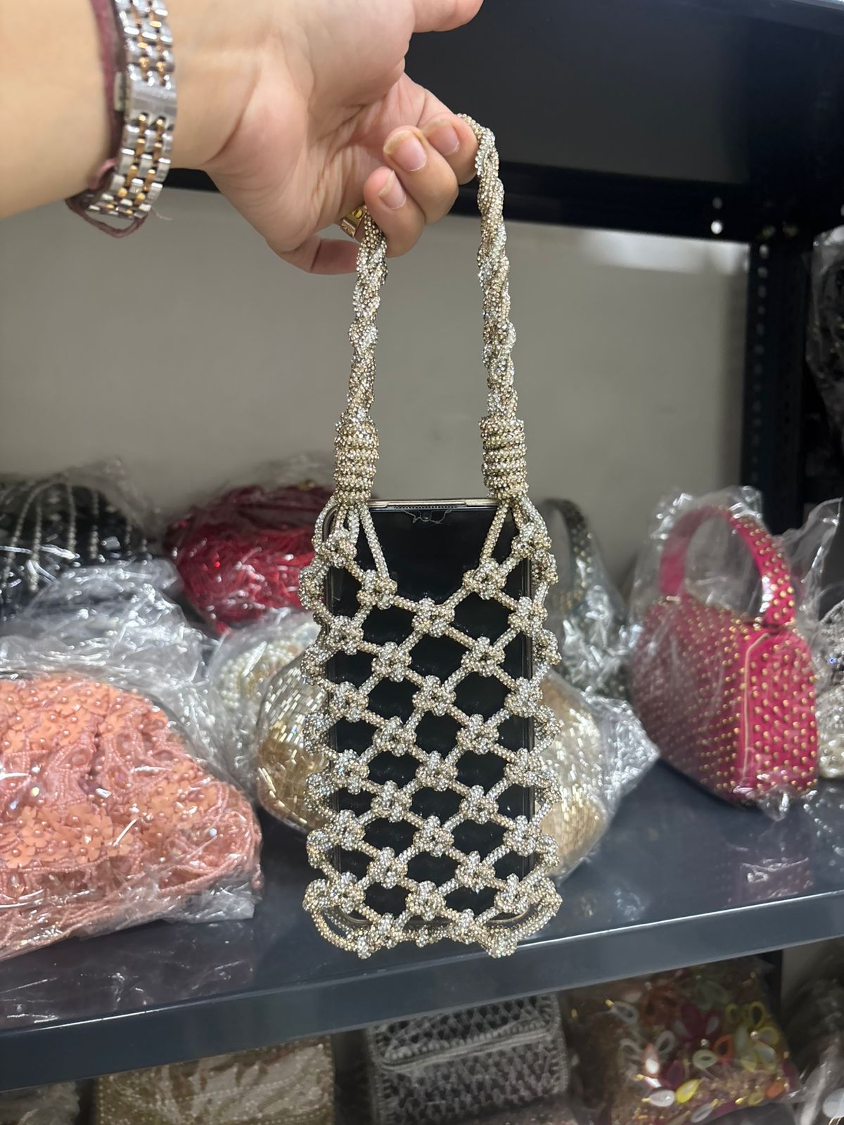 Silver & Gold Rhinestone Mobile Sling Bag | Fashion Fusion India