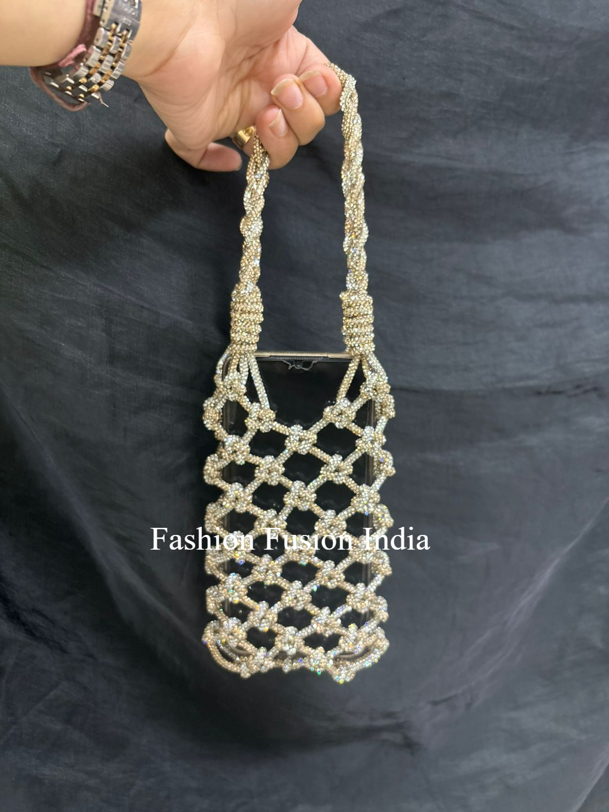 Silver & Gold Rhinestone Mobile Sling Bag | Fashion Fusion India