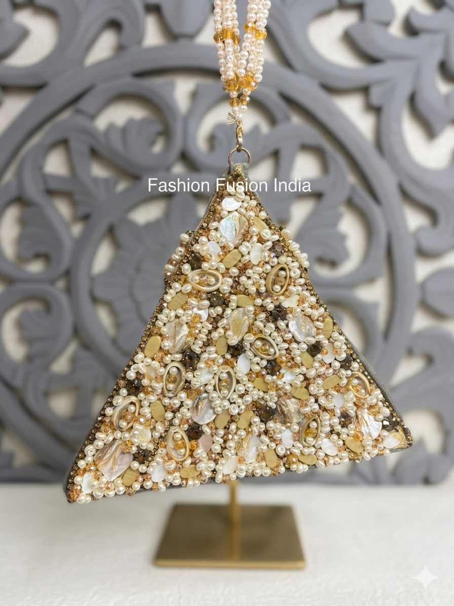 Decorative triangle ornament with beads on a stand against a decorative wall.