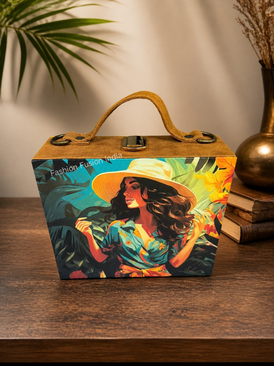 Tropical print wooden clutch bag with stylish woman illustration on warm indoor background.