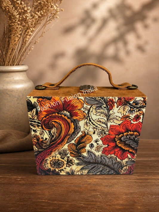 Vintage floral wooden clutch bag with ornate botanical artwork on warm beige background.