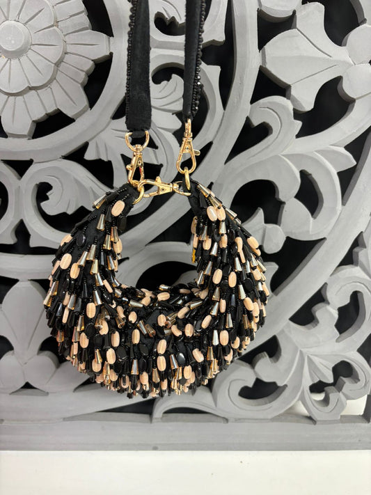 Black Beaded Round Clutch Bag – Handmade Designer Party & Evening Purse | Fashion Fusion India