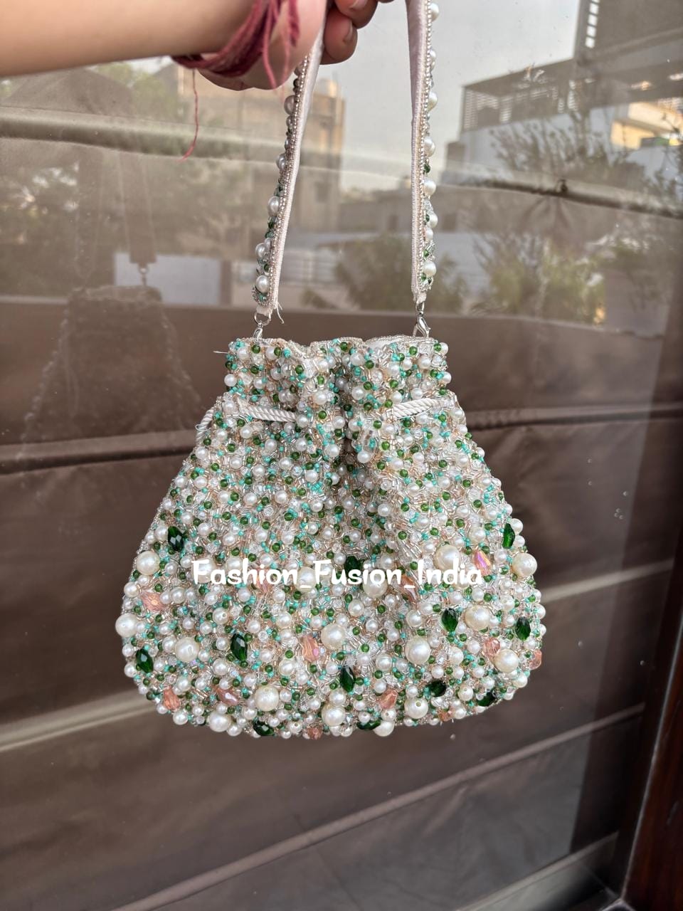 White Pearl and Green Beaded Potli Bag – Handmade Bridal & Festive Party Clutch | Fashion Fusion India