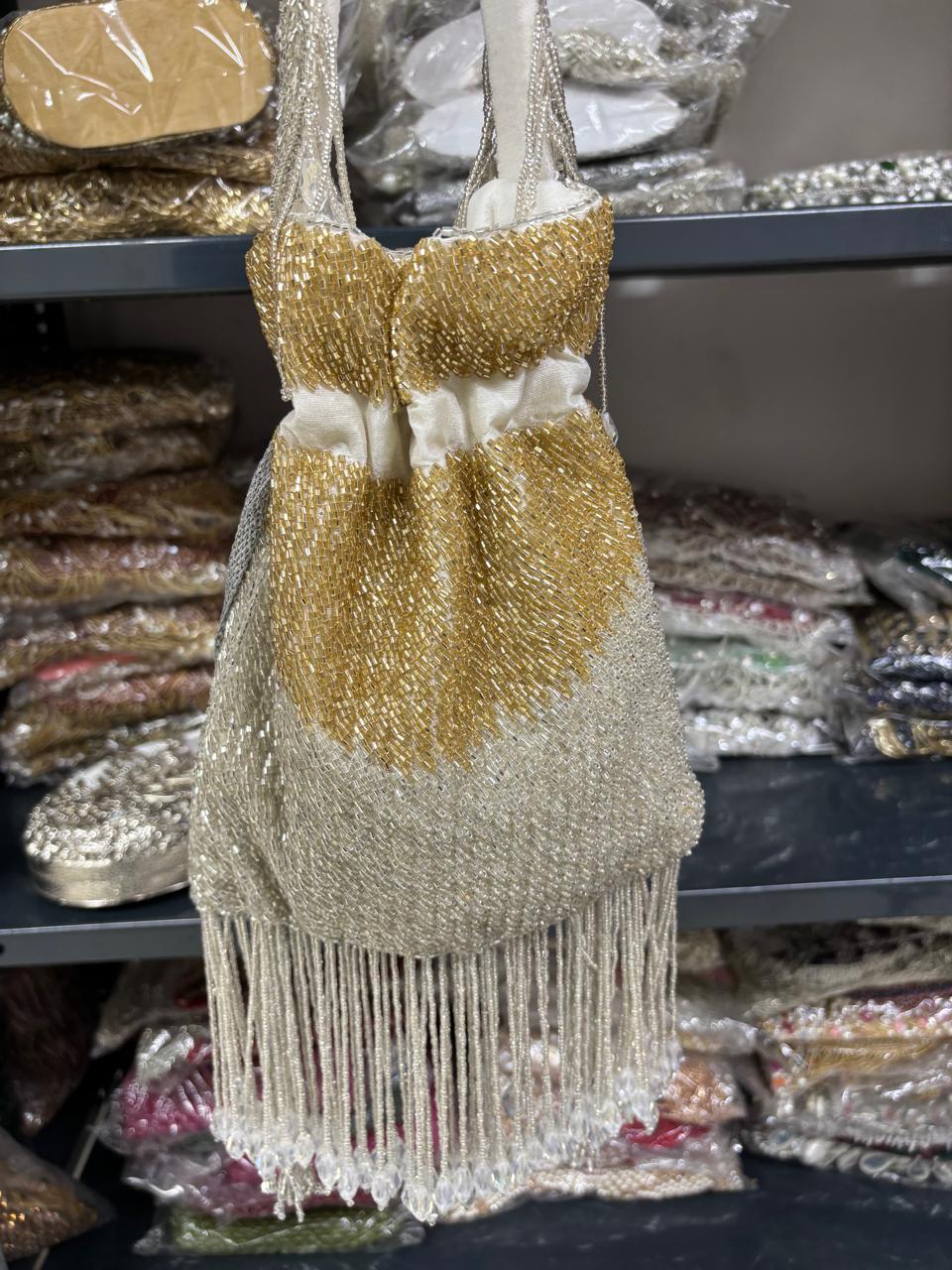 Beaded Fringe Potli Bag – Handmade Dual Tone Designer Bridal & Party Purse by Fashion Fusion India