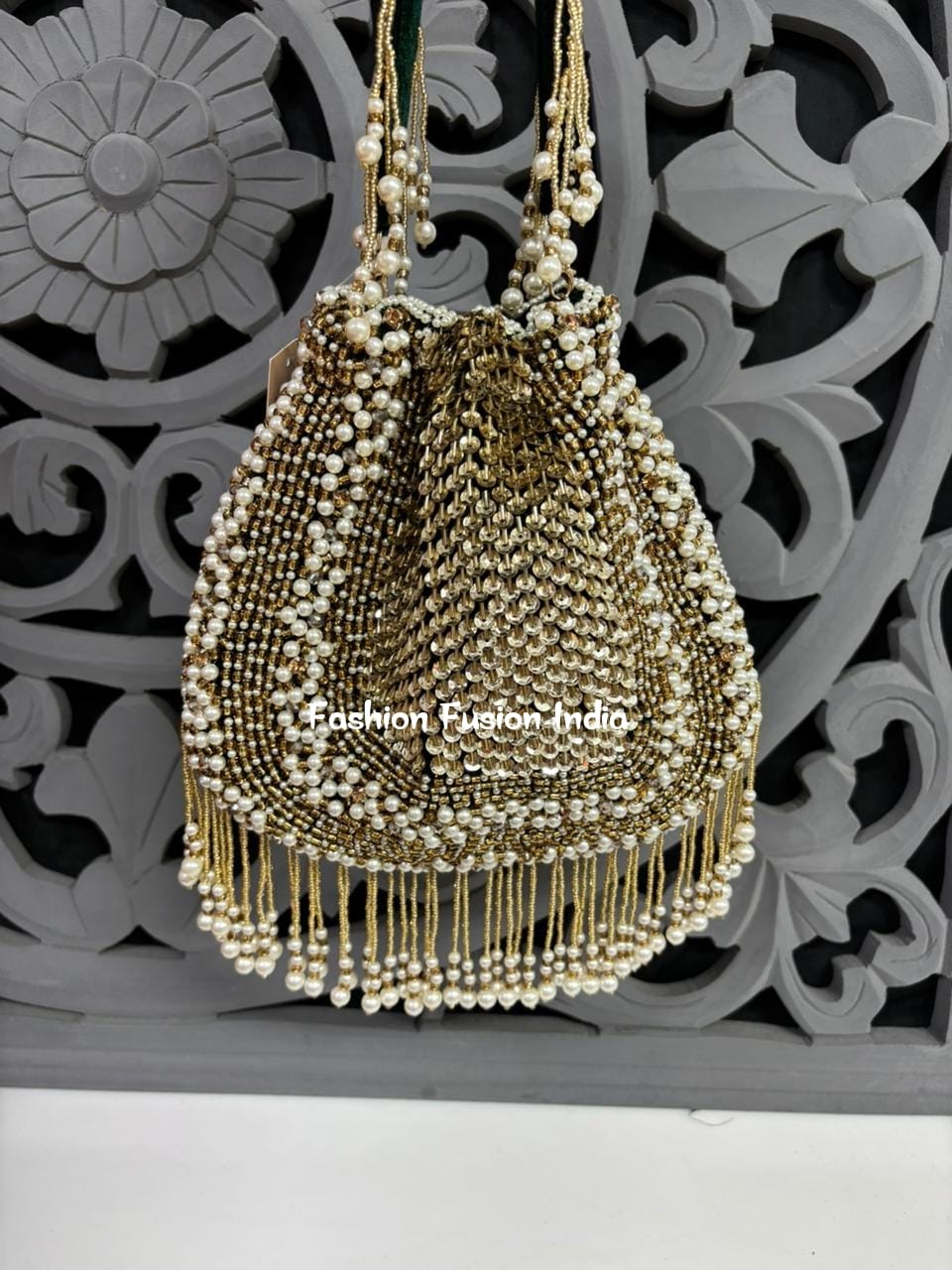 Pearl Beaded Potli Bag – Handcrafted Bridal & Festive Purse by Fashion Fusion India