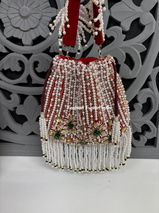 Embellished Floral Pearl Potli Bag – Handmade Designer Bridal & Festive Purse by Fashion Fusion India