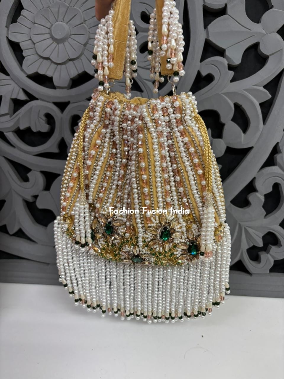 Embellished Floral Pearl Potli Bag – Handmade Designer Bridal & Festive Purse by Fashion Fusion India