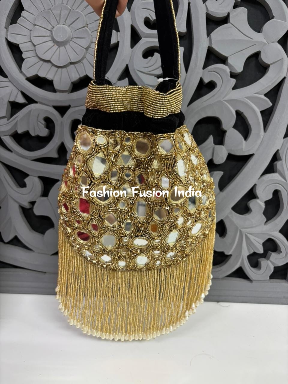 Mirror Work Potli Bag – Handcrafted Beaded & Embroidered Bridal Purse by Fashion Fusion India