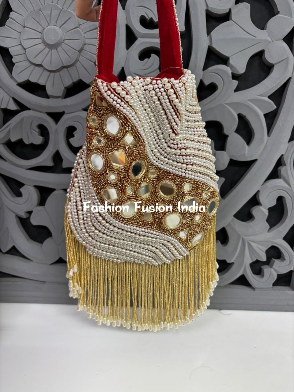 Mirror Pearl Potli Bag – Handmade Designer Bridal & Festive Purse by Fashion Fusion India