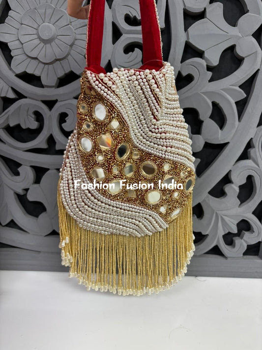 Mirror Pearl Potli Bag – Handmade Designer Bridal & Festive Purse by Fashion Fusion India