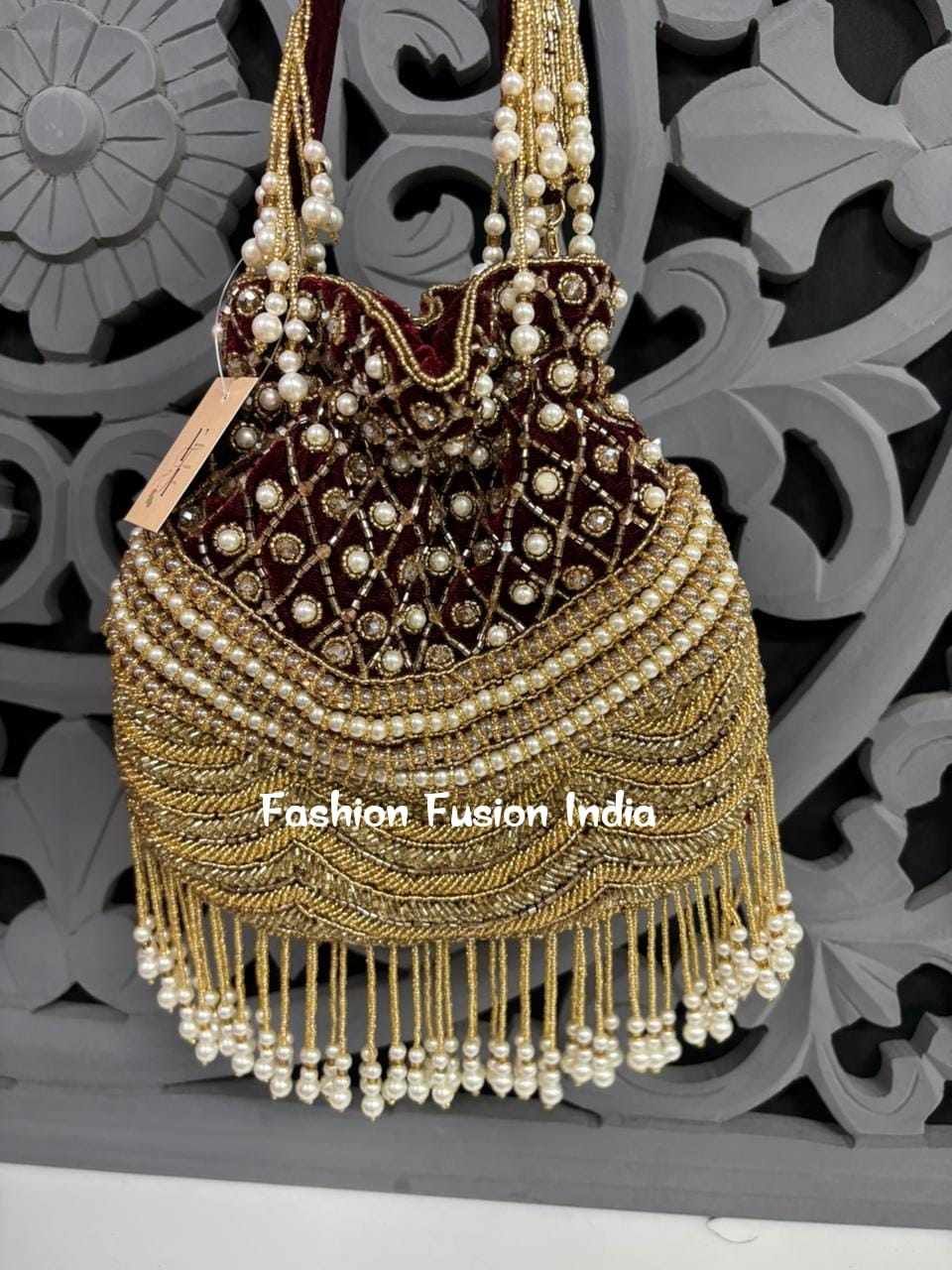 Velvet Pearl Potli Bag – Handmade Designer Bridal & Festive Purse by Fashion Fusion India