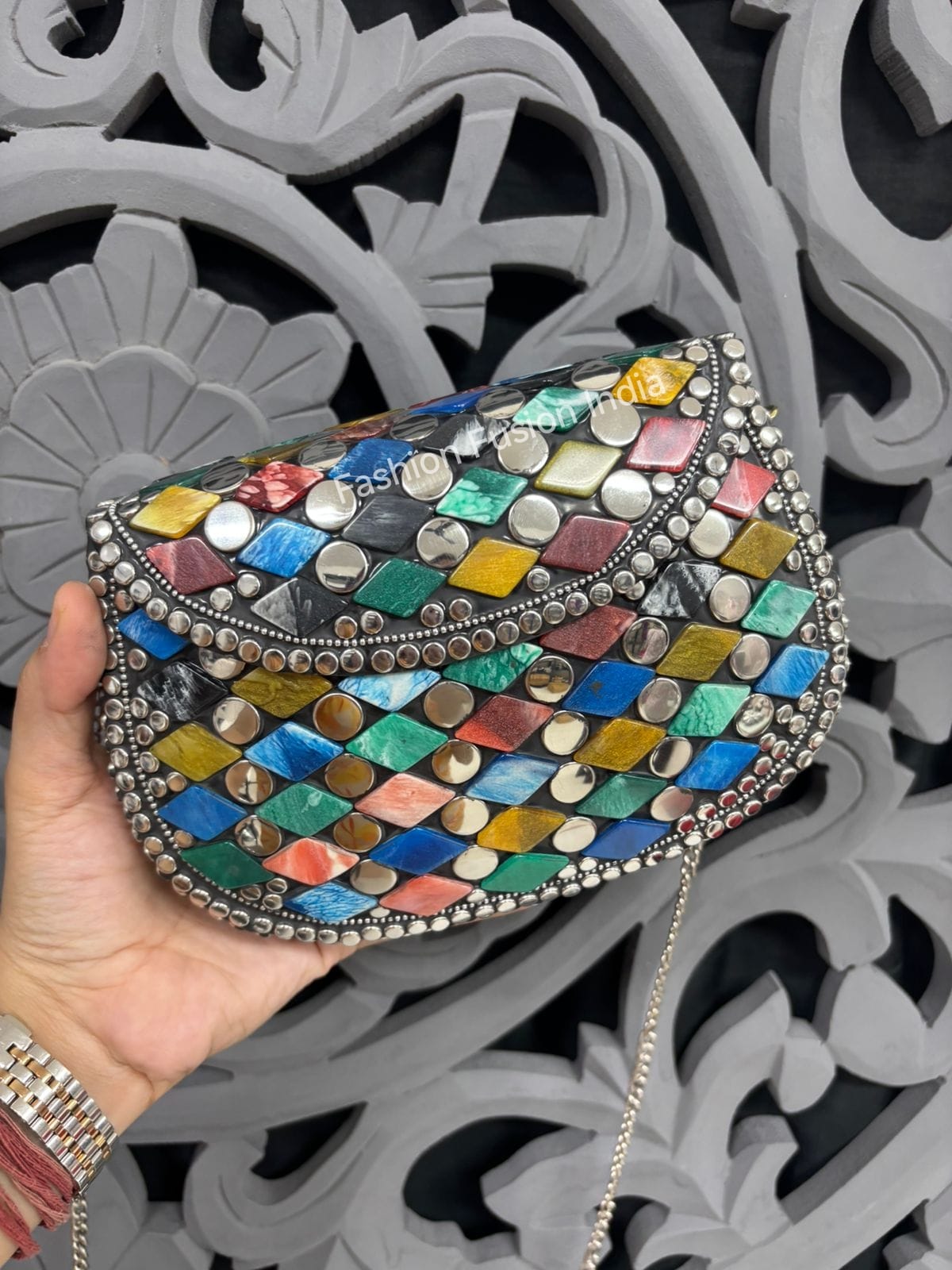Multicolour Oxidised Diamond Work Clutch – Handcrafted Ethnic Party Statement | Fashion Fusion India