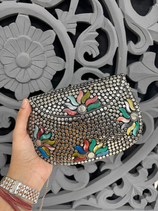 Artisan Floral Oxidised Clutch Bag – Handcrafted Ethnic Statement | Fashion Fusion India