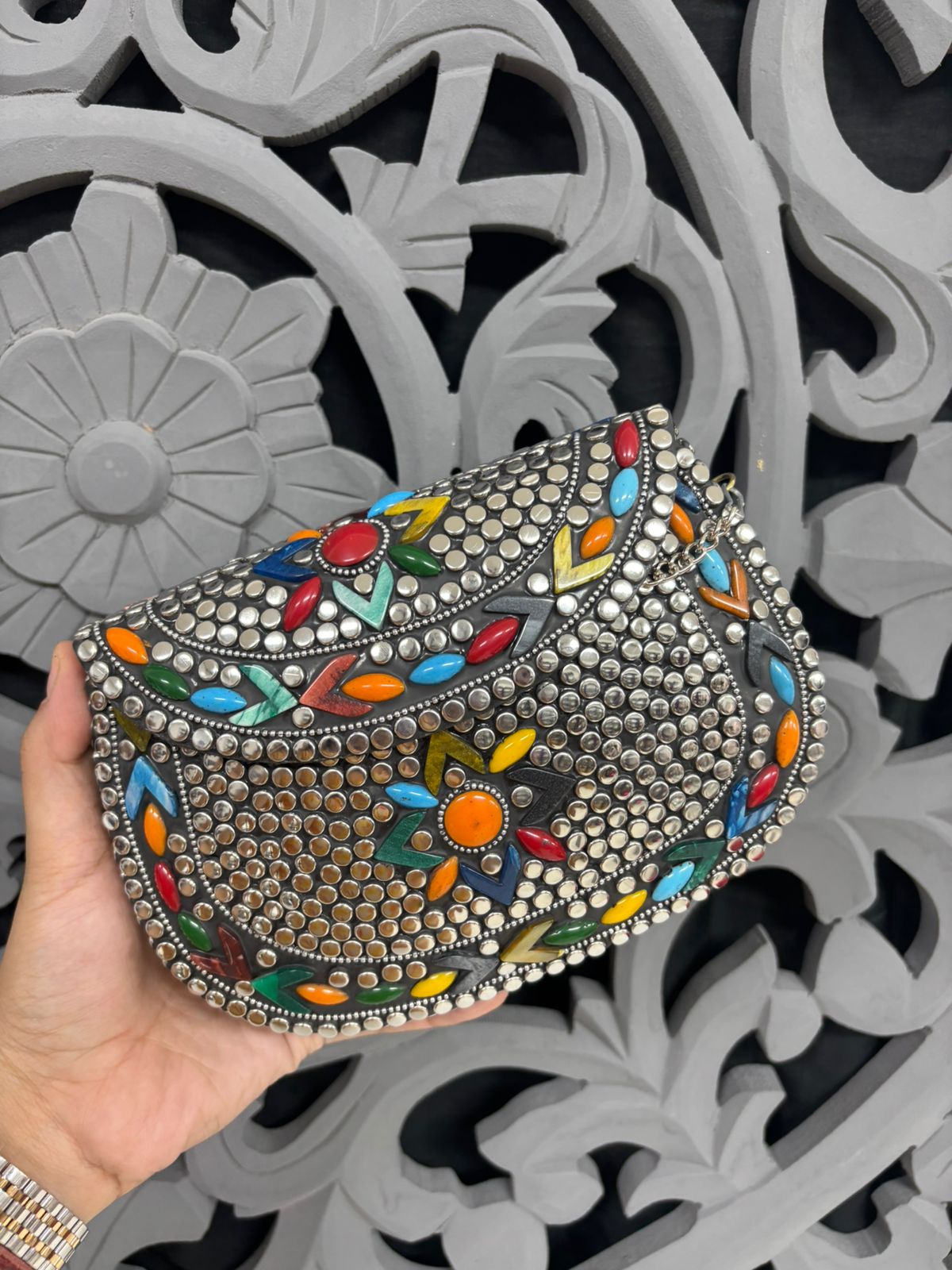 Multicolour Oxidised Floral Mosaic Clutch 