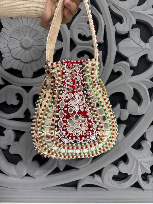 Red & Gold Mirror Work Bridal Potli Bag – Luxury Handcrafted Wedding Ethnic Clutch | Fashion Fusion India