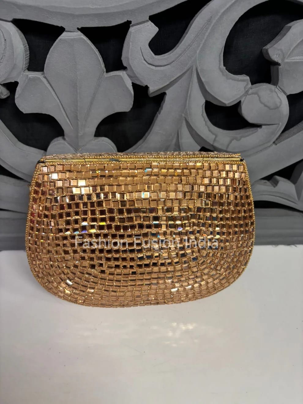 Gold Mirror Work Clutch Bag – Luxury Party & Wedding Statement | Fashion Fusion India