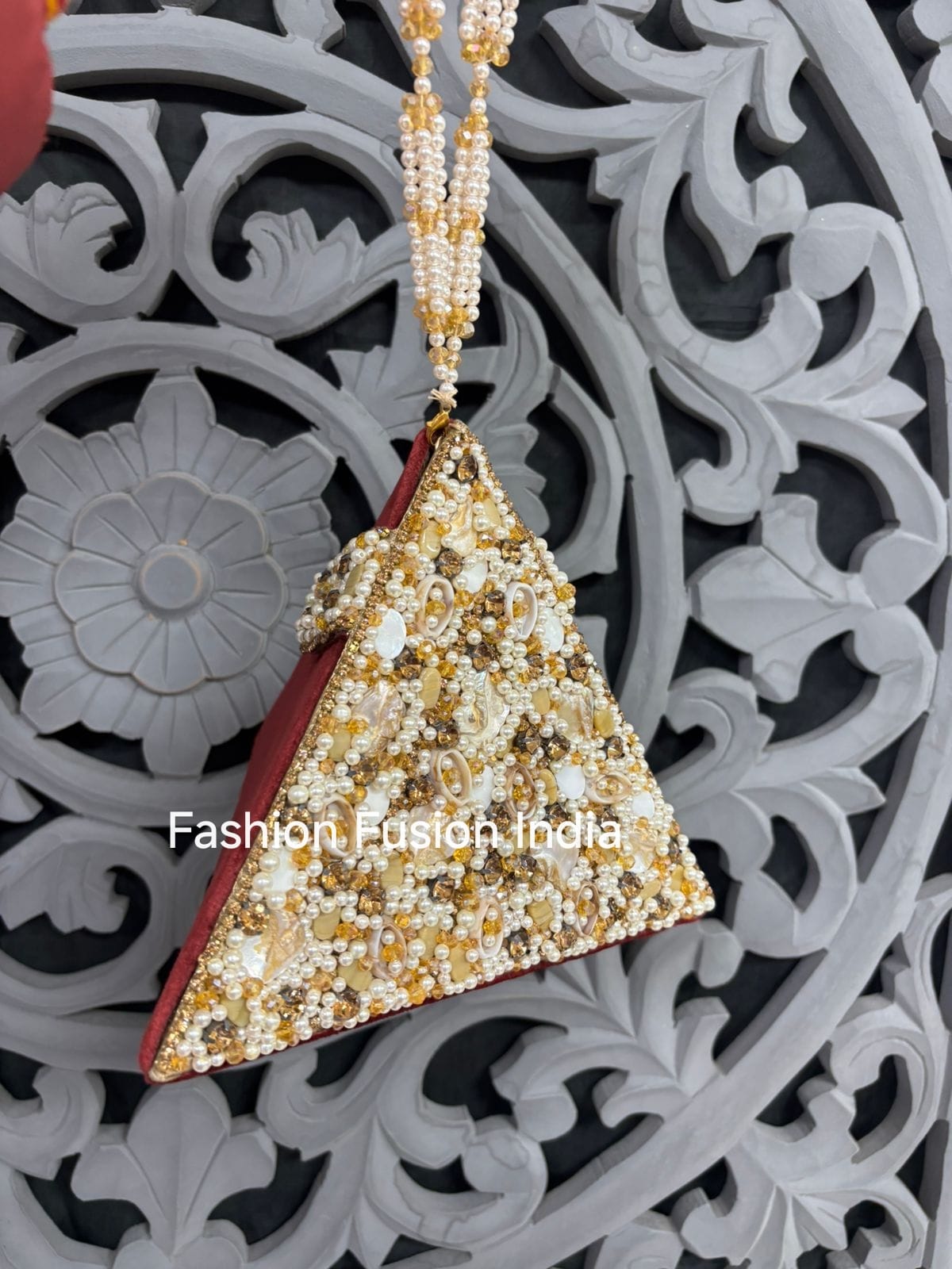Triangle Pearl & Shell Embroidered Bridal Clutch – Luxury Handcrafted Wedding & Festive Bag | Fashion Fusion India