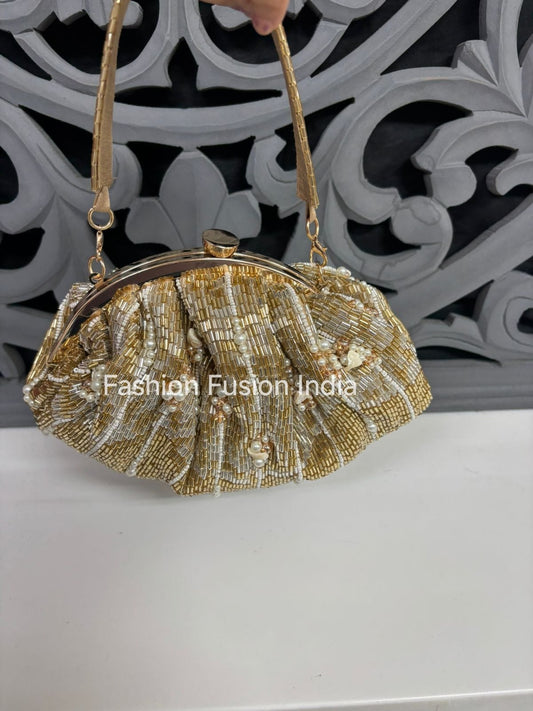 Gold Pearl Beaded Bridal Batua Bag | Designer Wedding & Party Ethnic Batua for Women – Fashion Fusion India