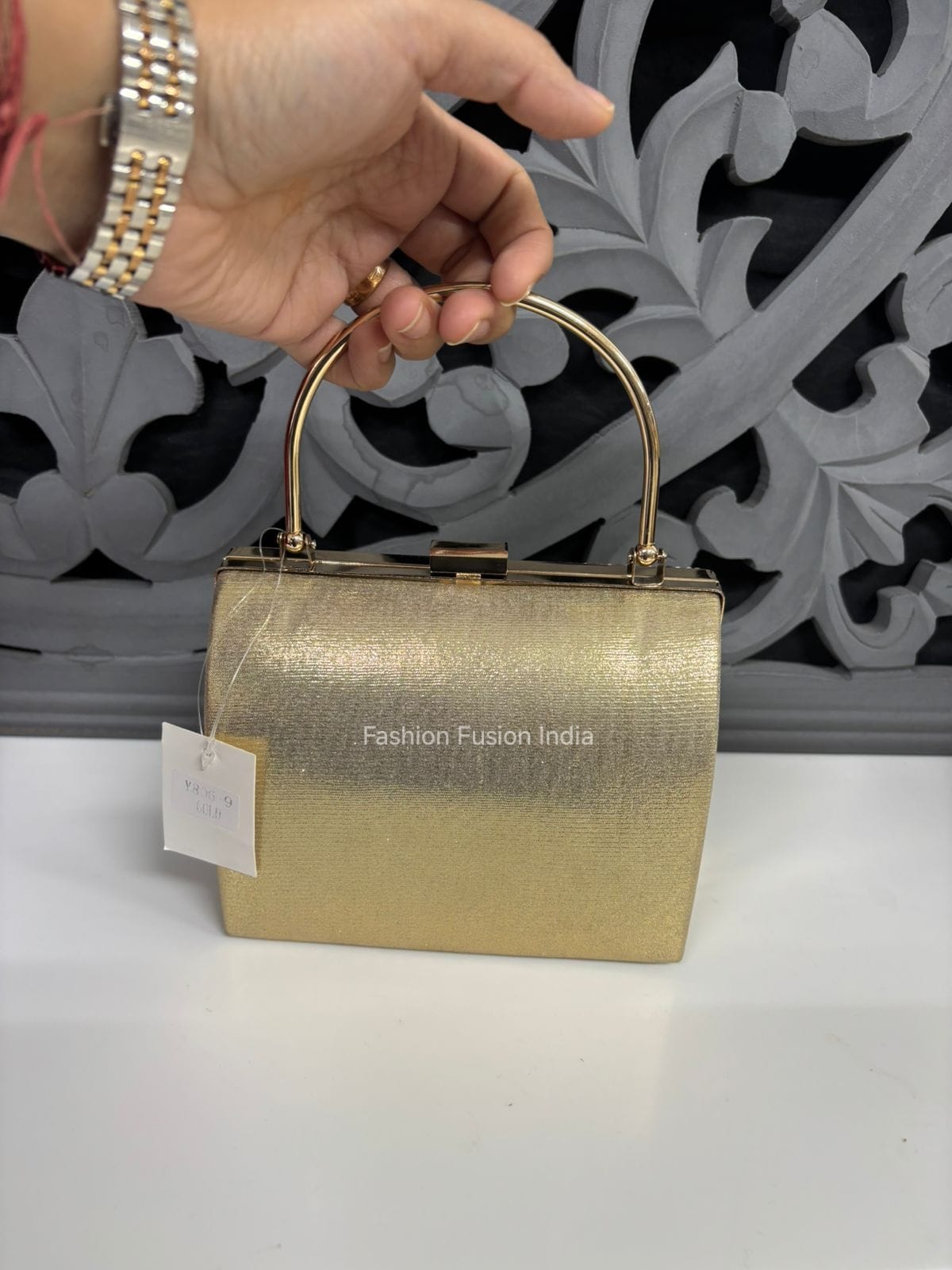 Gold Crystal Embellished Clutch Bag By Fashion Fusion India