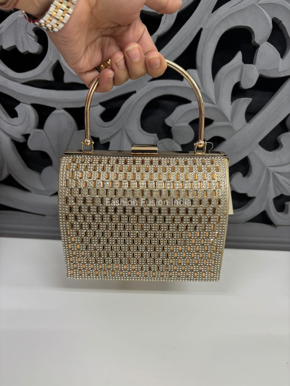 Gold Crystal Embellished Clutch Bag By Fashion Fusion India