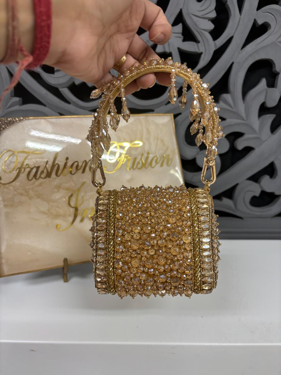 Golden Crystal Embellished Clutch Bag