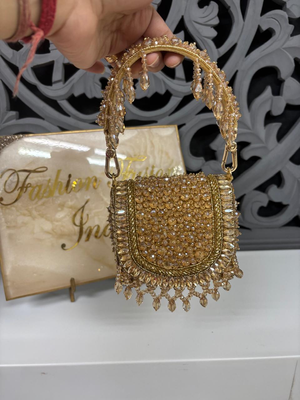 Golden Crystal Embellished Clutch Bag
