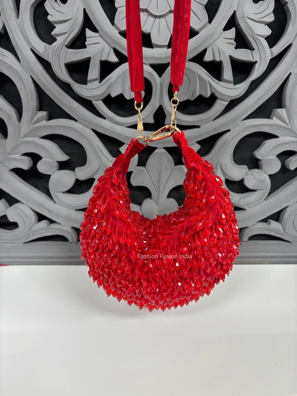 Red  Crystal Fringe Moon Clutch Bag