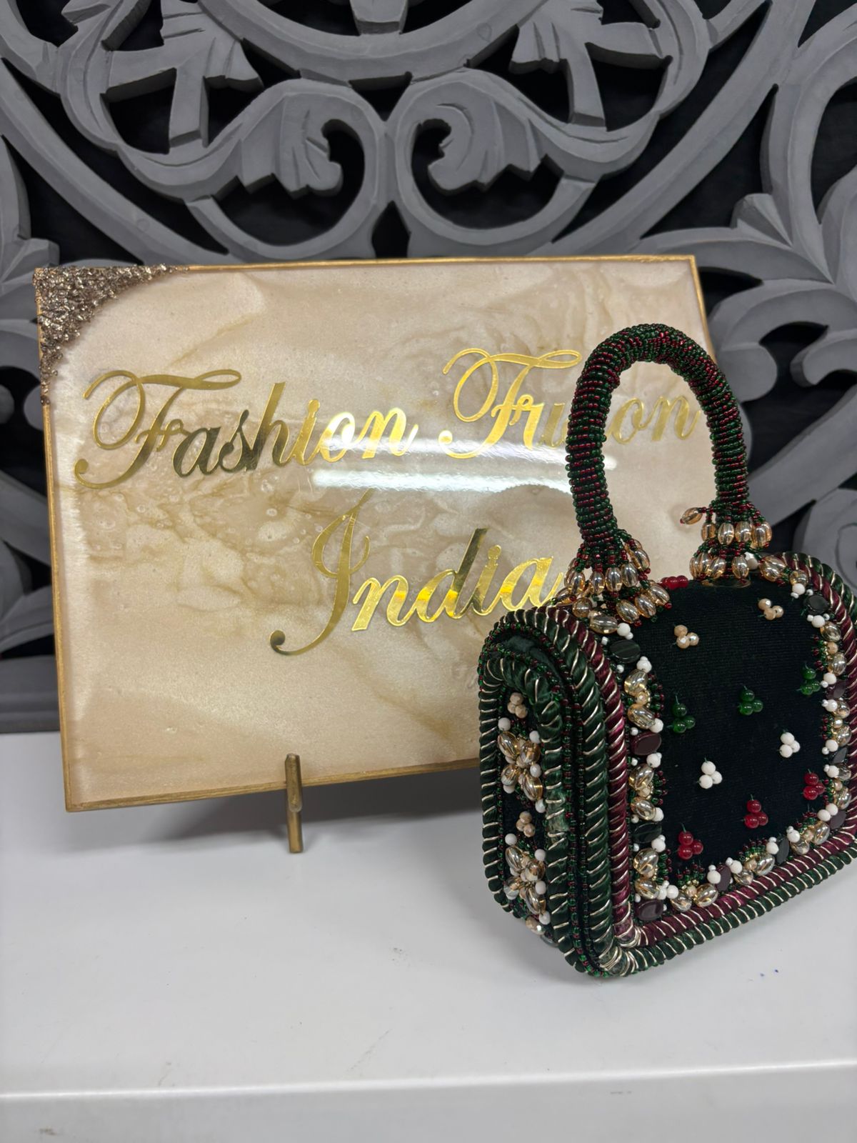 Hand Embellished Dark Green Flap Bag