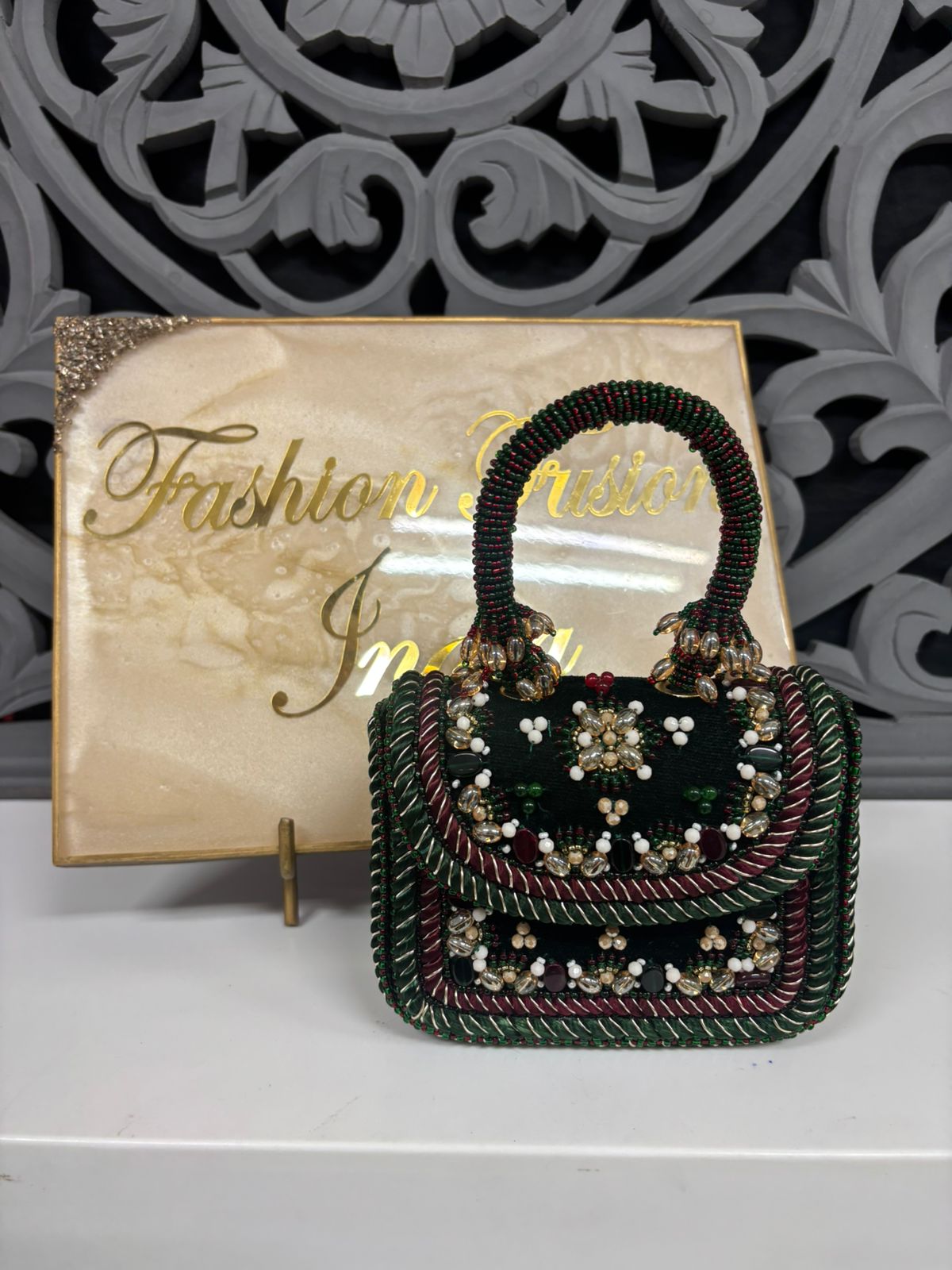 Hand Embellished Dark Green Flap Bag