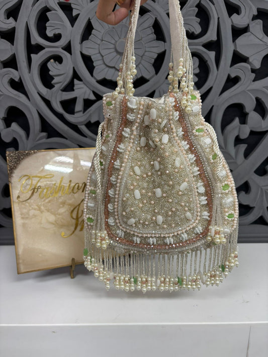 White Pearl Embroidered Potli Bag