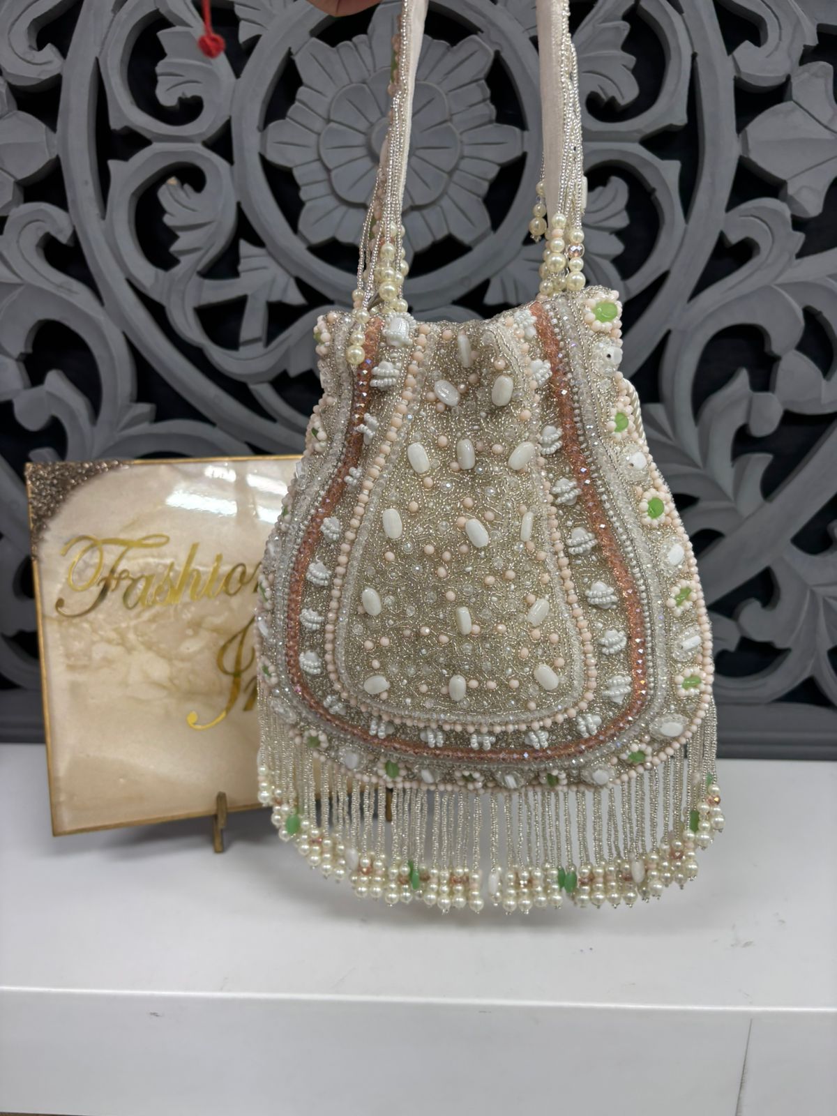 White Pearl Embroidered Potli Bag