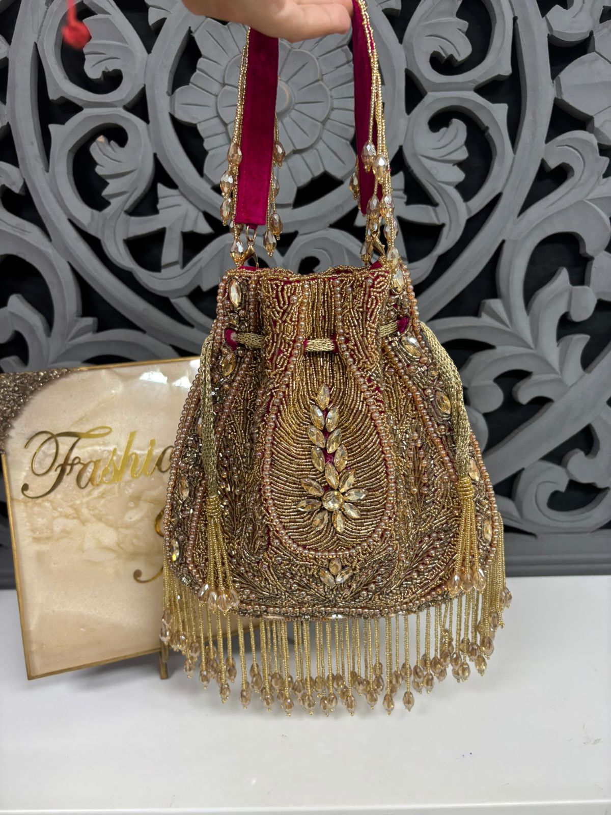 Golden Zardozi Embroidered Hot Pink Potli Bag