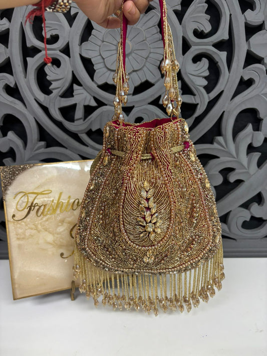Golden Zardozi Embroidered Hot Pink Potli Bag